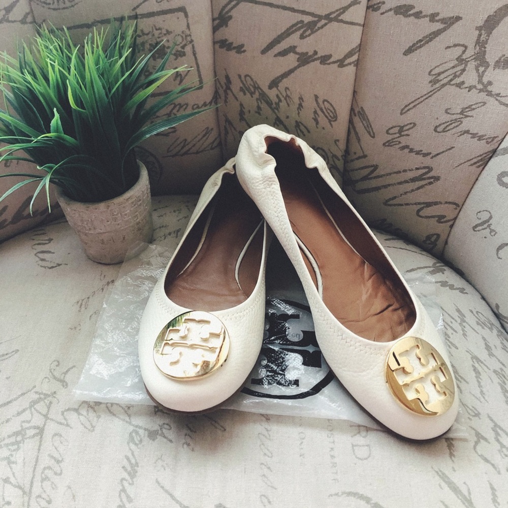 Tory Burch Cream Leather Minnie Ballerina Flats